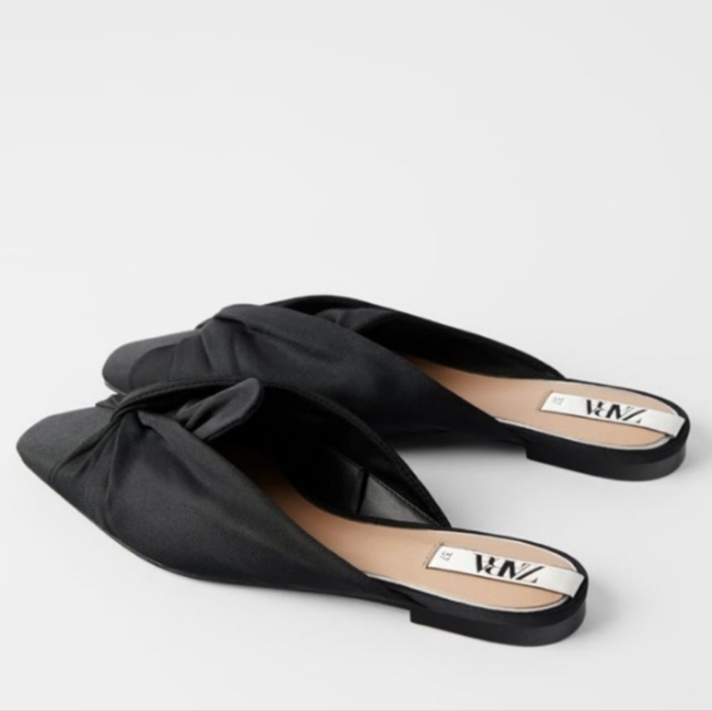 Zara Black Flat Mules with Fabric Knot NWT